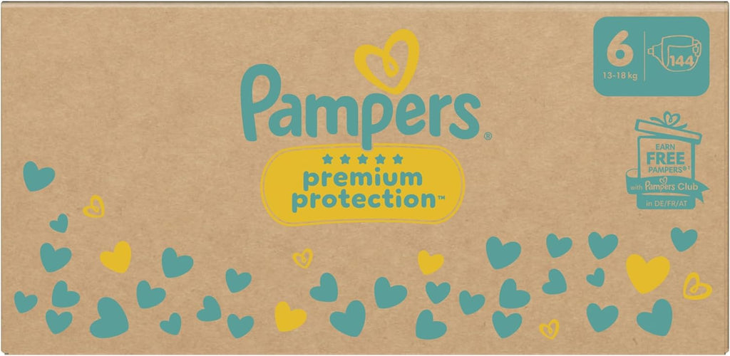 Pampers Premium Protection Size 6, 144 Diapers, 13kg-18kg, Double Protection for Skin and Against Leaks
