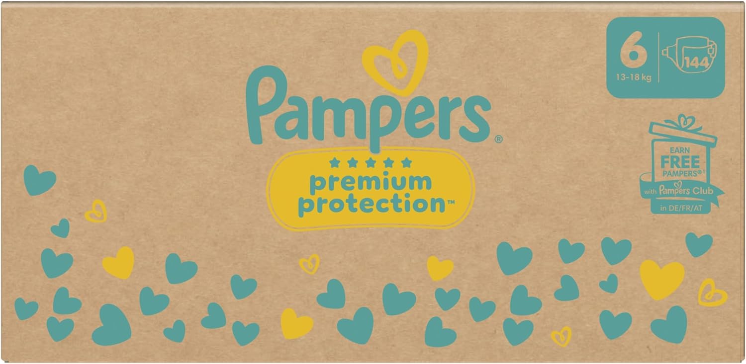 Pampers Premium Protection Size 6, 144 Diapers, 13kg-18kg, Double Protection for Skin and Against Leaks