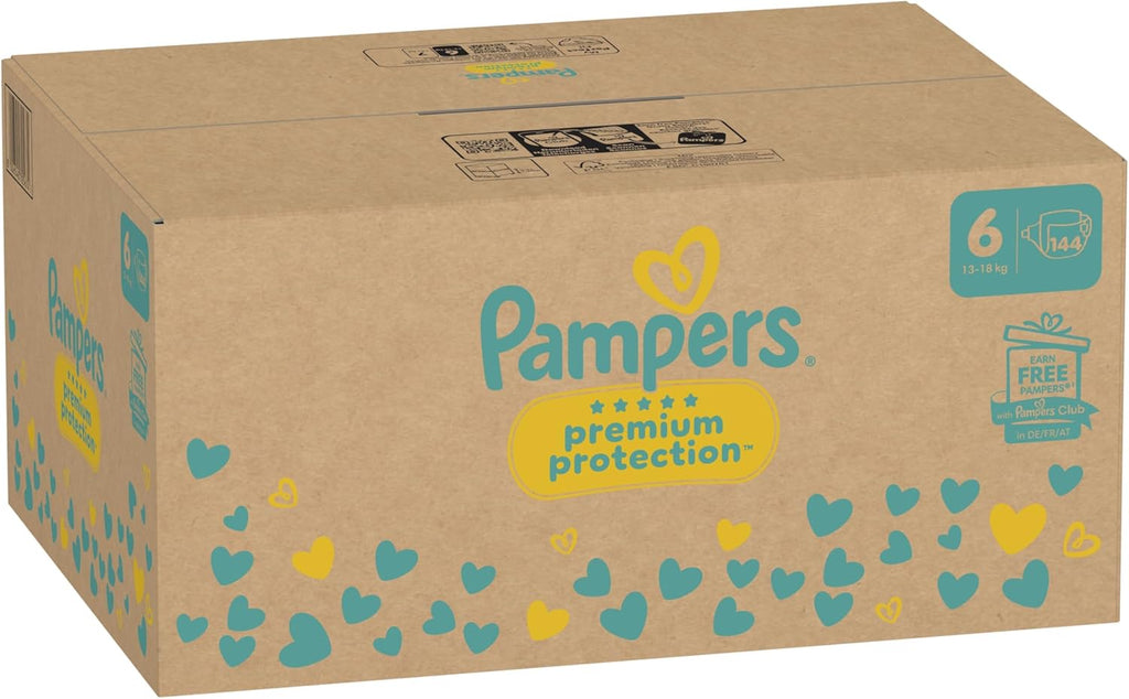 Pampers Premium Protection Size 6, 144 Diapers, 13kg-18kg, Double Protection for Skin and Against Leaks