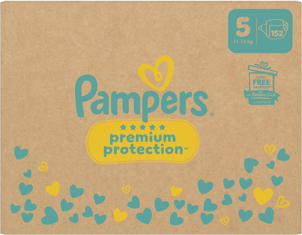 Pampers Premium Protection Size 5, 152 Diapers, 11kg-16kg, Double Protection for Skin and Against Leaks