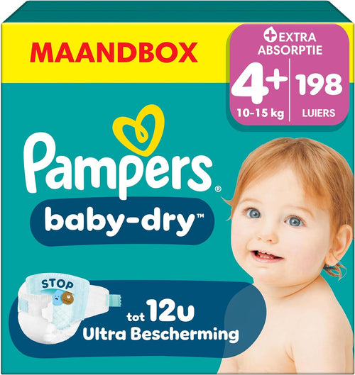 Pampers Baby-Dry Size 4+, 198 Diapers, 10kg-15kg, Up to 100% Leakproof and Comfortable Night