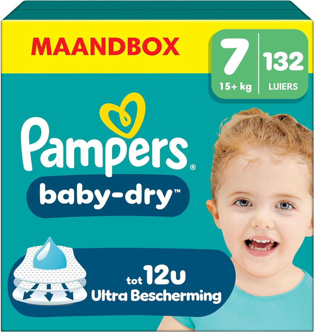Pampers Baby-Dry Size 7, 132 Diapers, 15kg+, Up to 100% Leakproof and Comfortable Night