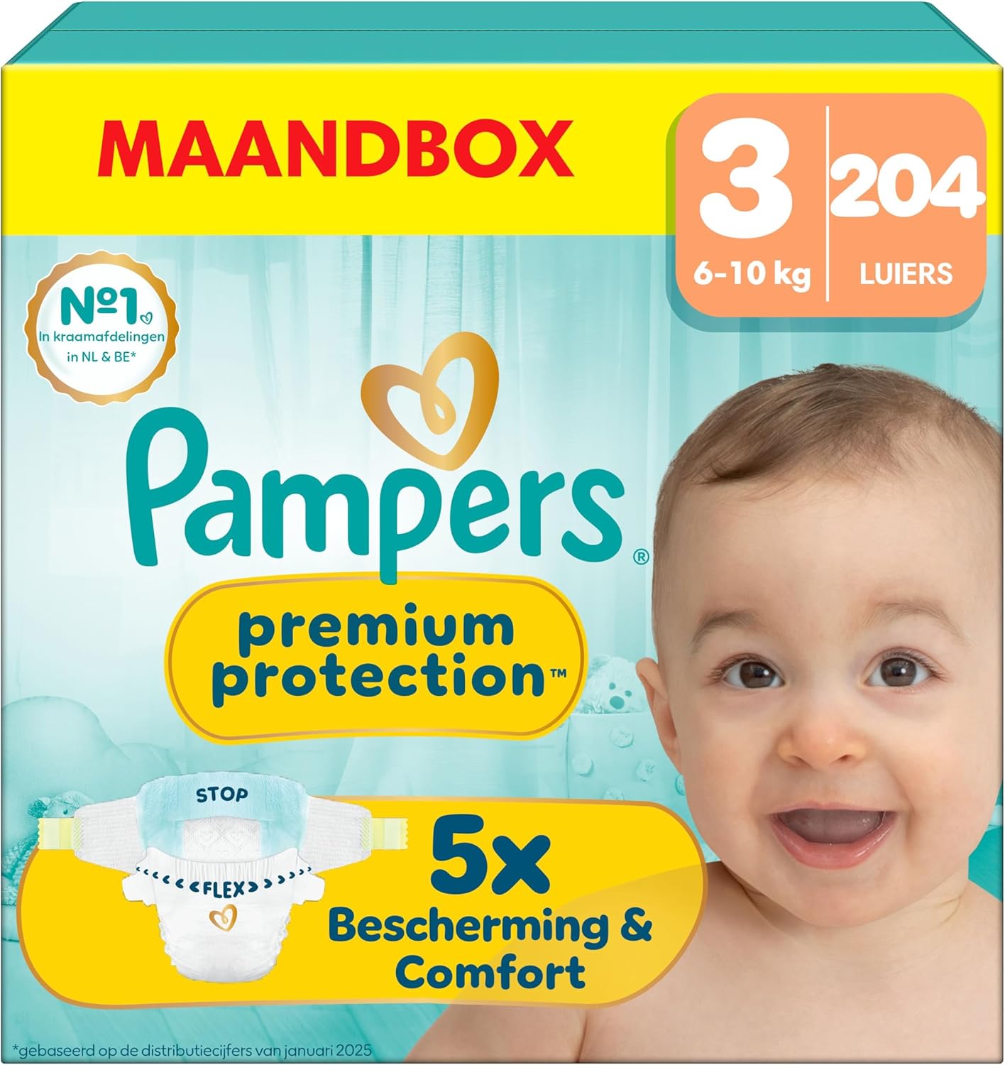 Pampers Premium Protection Size 3, 204 Diapers, 6kg-10kg, Double Protection for Skin and Against Leaks