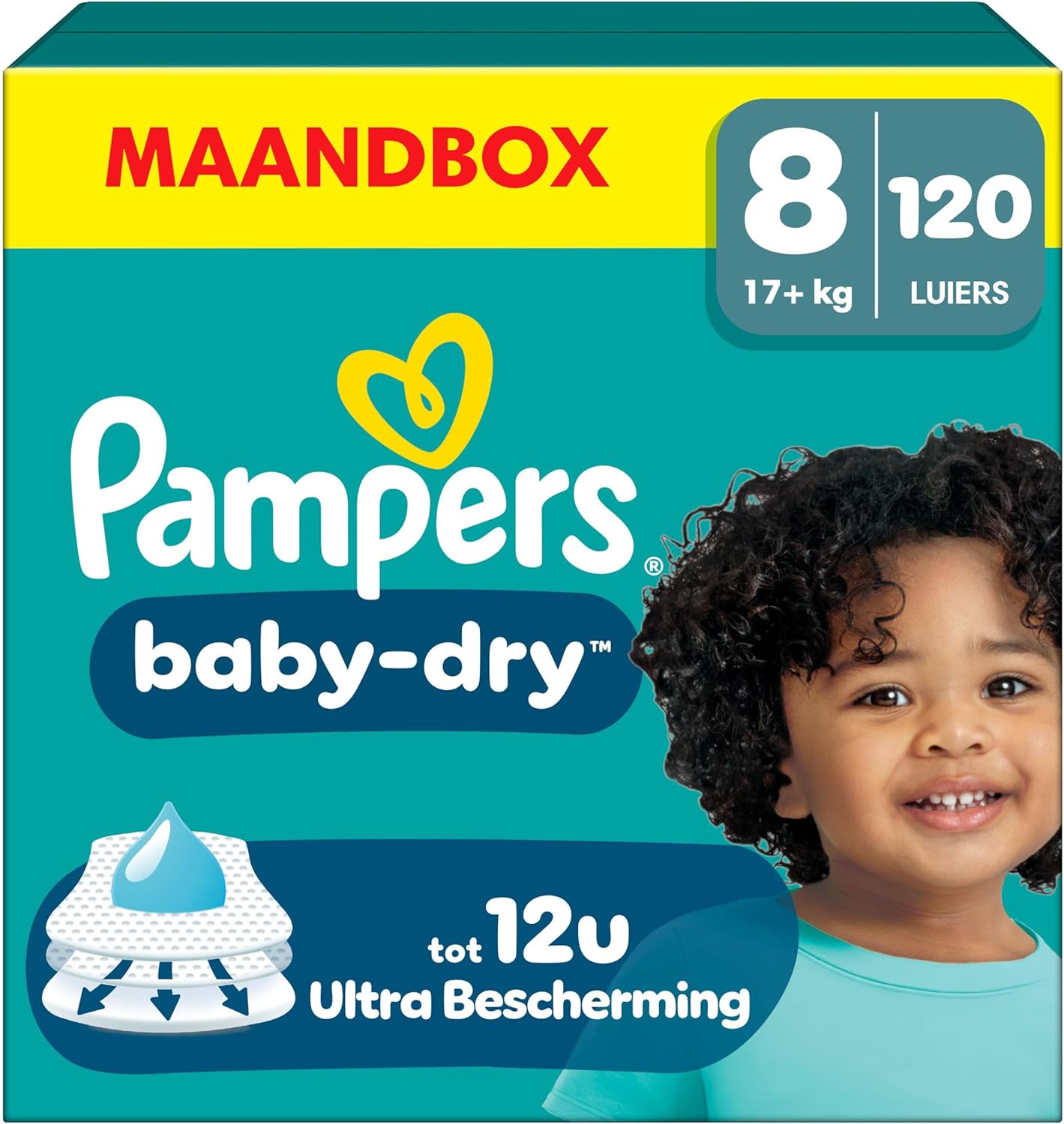 Pampers Baby-Dry Size 8, 120 Diapers, 17kg+, Up to 100% Leakproof and Comfortable Night