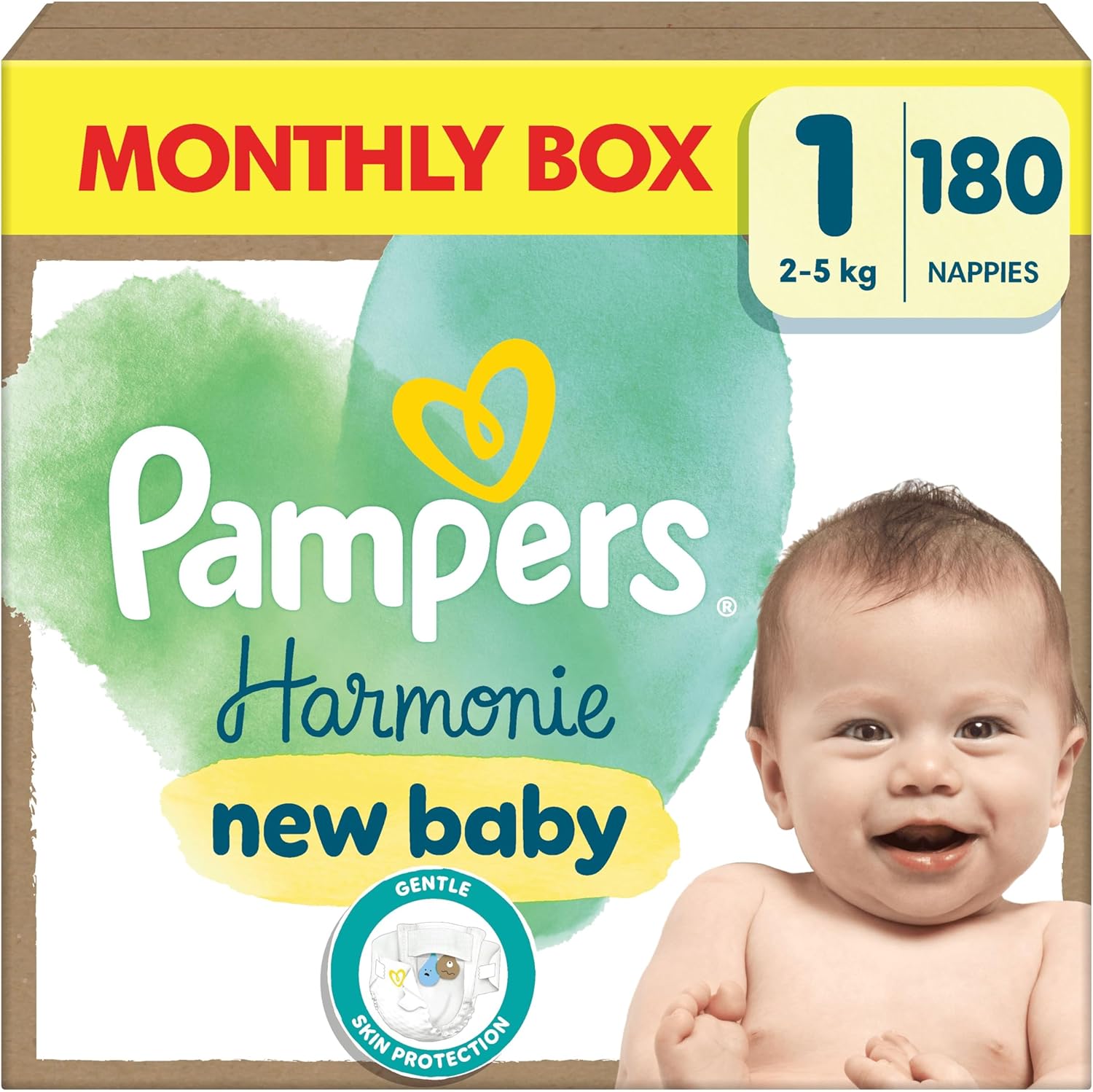 Pampers Harmony Diapers Size 1, 180 Diapers, 2kg-5kg, Soft Skin Protection with 100% Dryness of Pampers