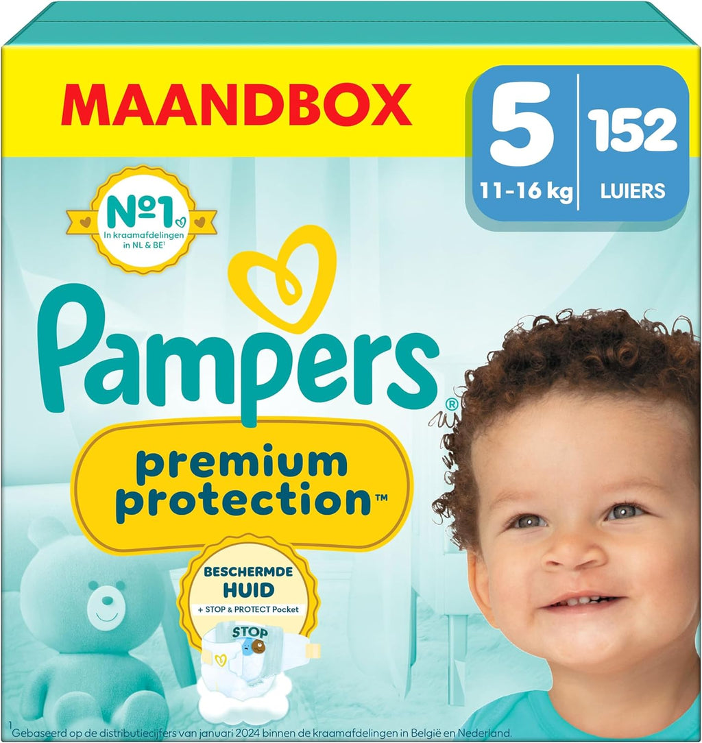 Pampers Premium Protection Size 5, 152 Diapers, 11kg-16kg, Double Protection for Skin and Against Leaks