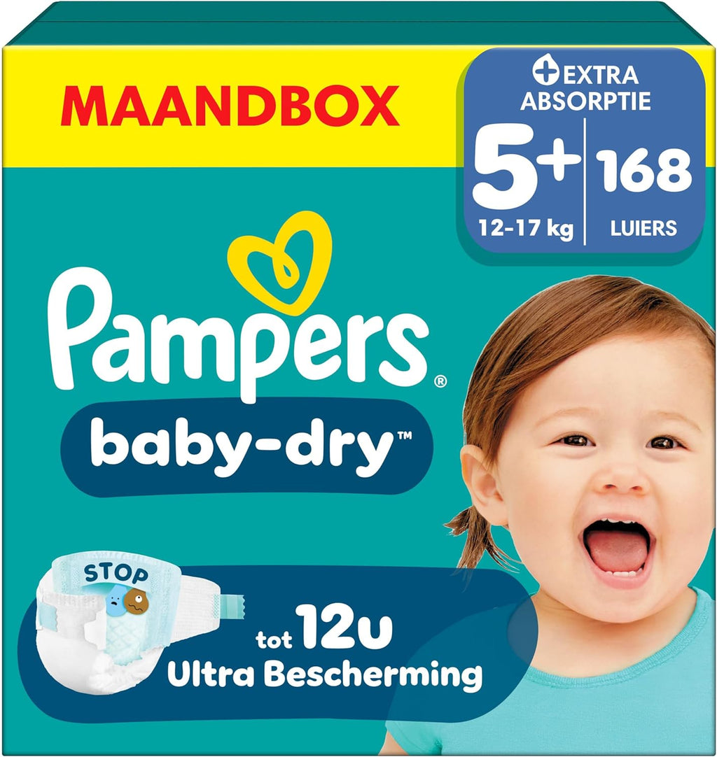 Pampers Baby-Dry Size 5+, 168 Diapers, 12kg-17kg, Up to 100% Leakproof and Comfortable Night