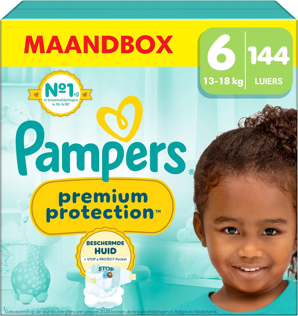 Pampers Premium Protection Size 6, 144 Diapers, 13kg-18kg, Double Protection for Skin and Against Leaks