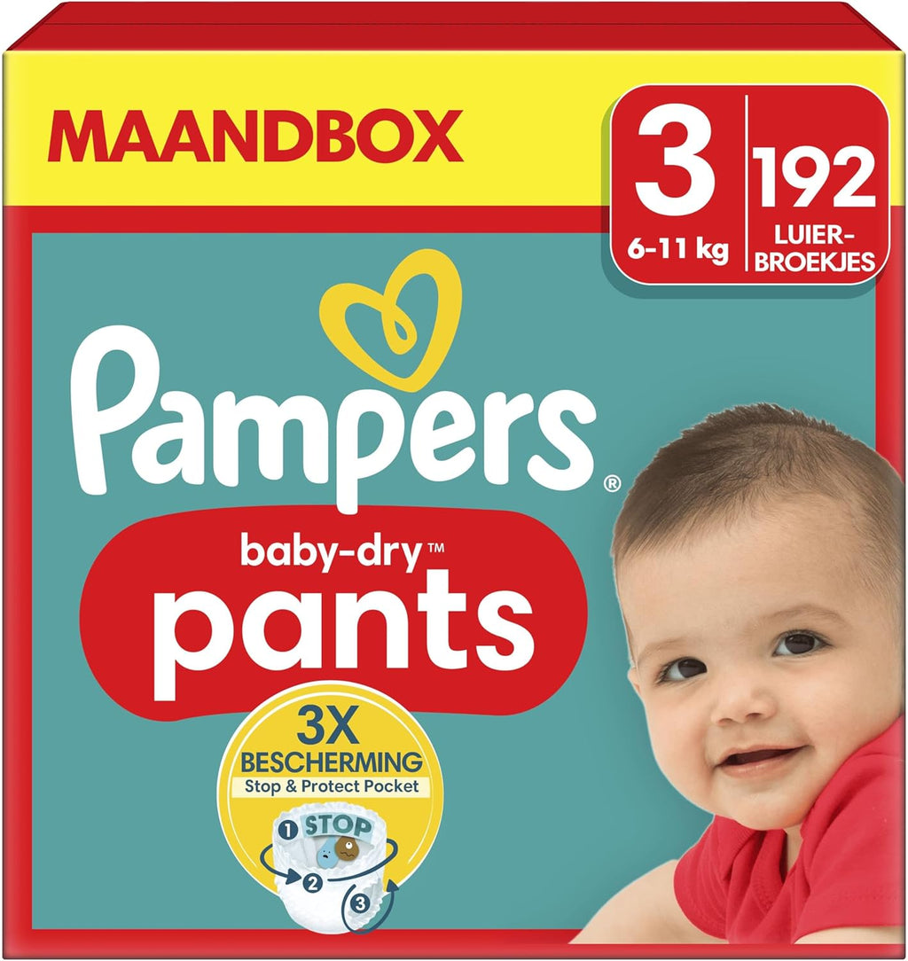 Pampers Baby-Dry Pants Size 3, 192 Pants, 6kg-11kg, 360° Fit To Help Prevent Openings And Leaks, Monthly Box