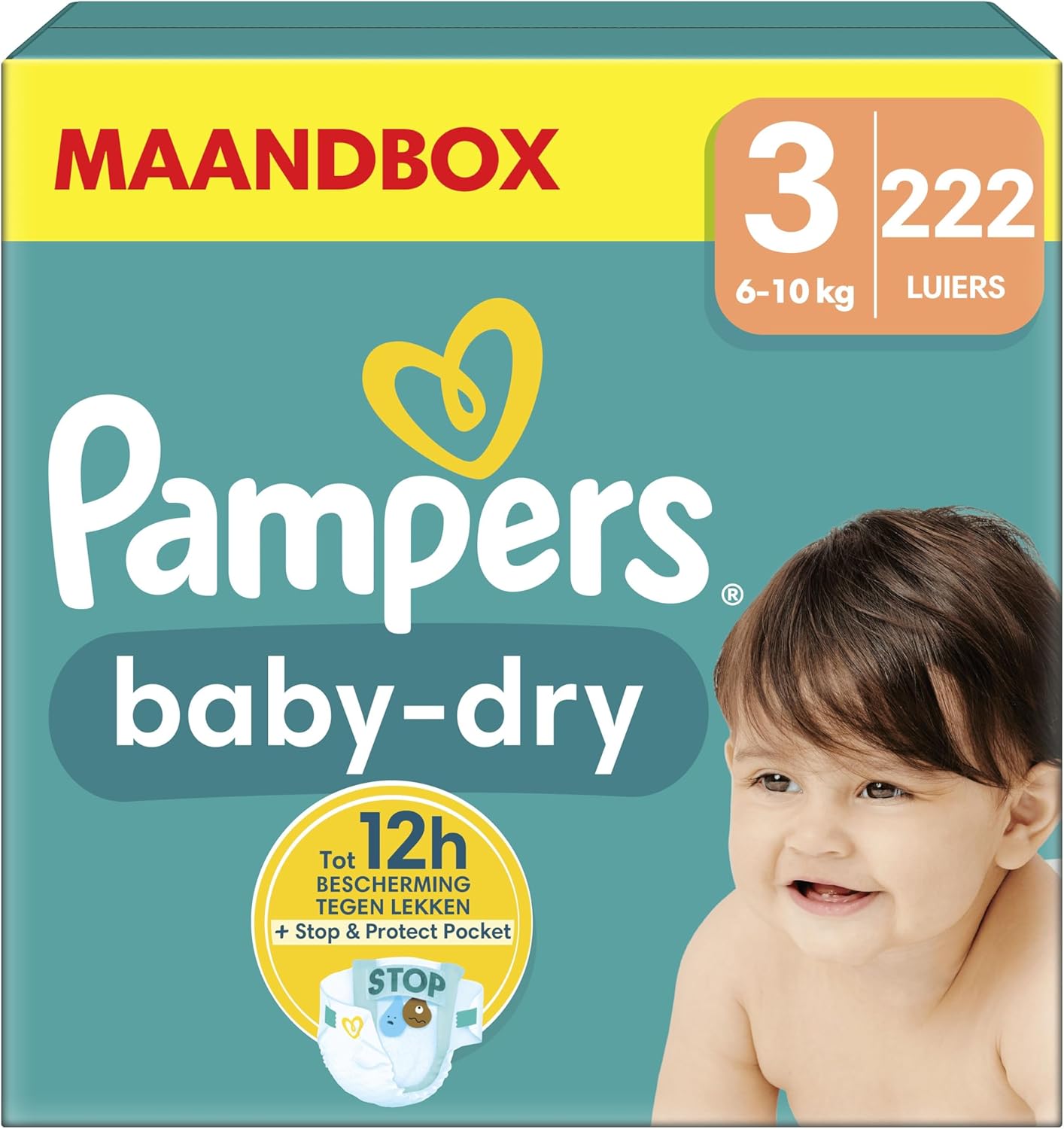 Pampers Baby-Dry Size 3, 222 Diapers, 6kg-10kg, Up to 100% Leakproof and Comfortable Night