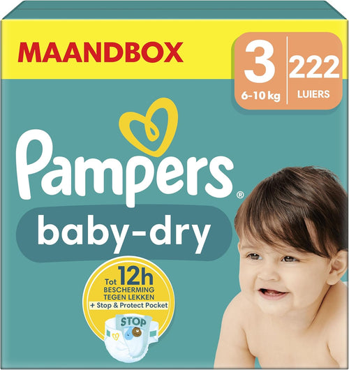 Pampers Baby-Dry Size 3, 222 Diapers, 6kg-10kg, Up to 100% Leakproof and Comfortable Night