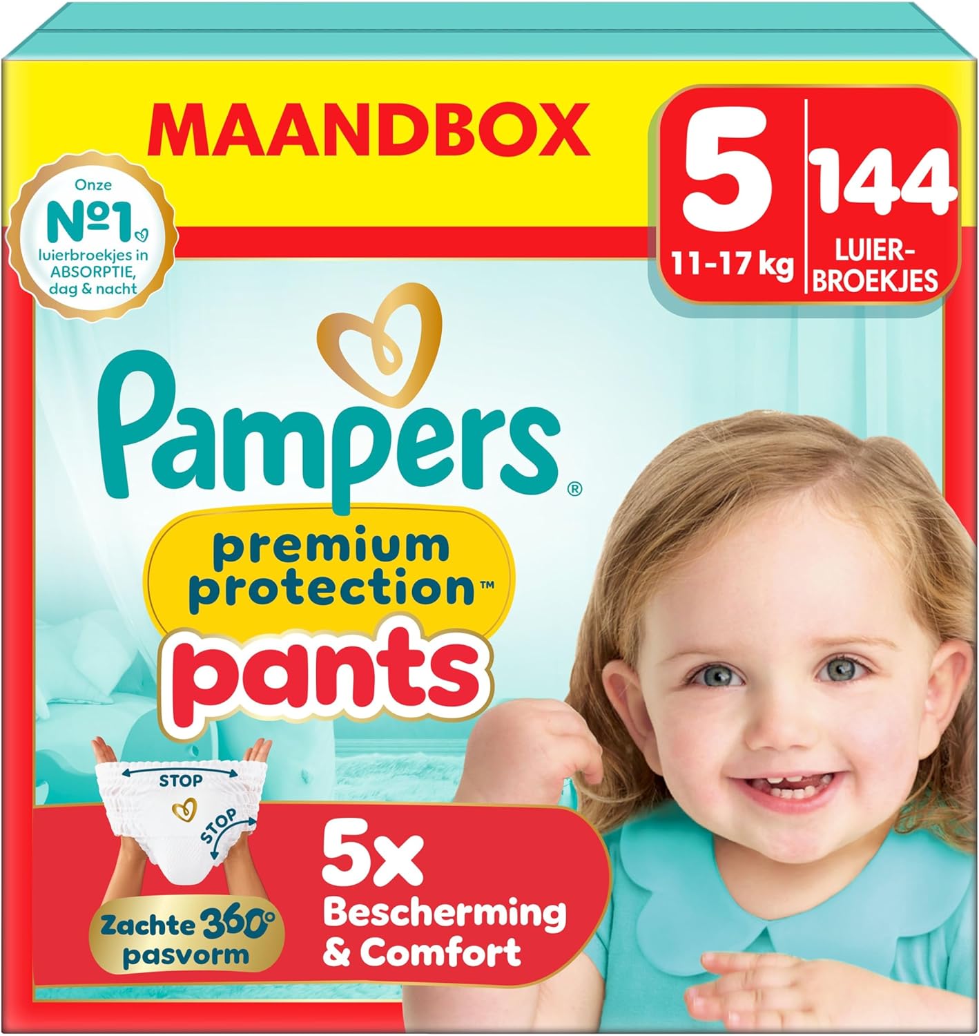 Pampers Premium Protection Pants Size 5, 144 Diaper Bottoms, 11kg-17kg, With a 360° Fit and 2x Wider Soft Protectors vs. Formerly for Our Best Comfort and Protection