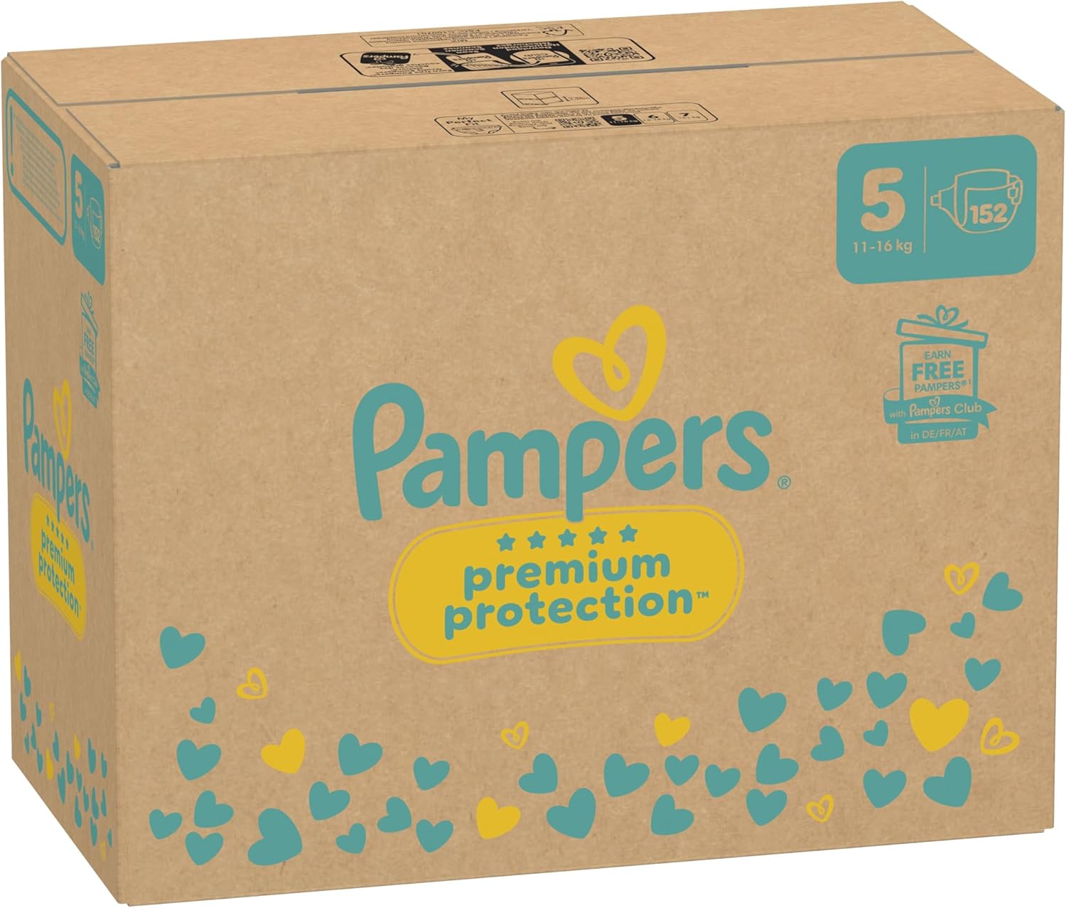 Pampers Premium Protection Size 5, 152 Diapers, 11kg-16kg, Double Protection for Skin and Against Leaks