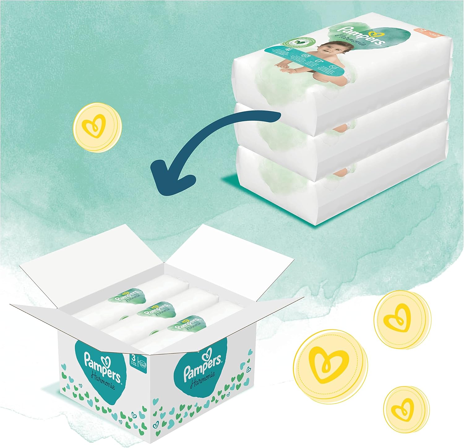 Pampers Size 3 Diapers (6-10kg), Harmony, 204 Diapers, Monthly Box, Soft Skin Protection And Vegetable Ingredients