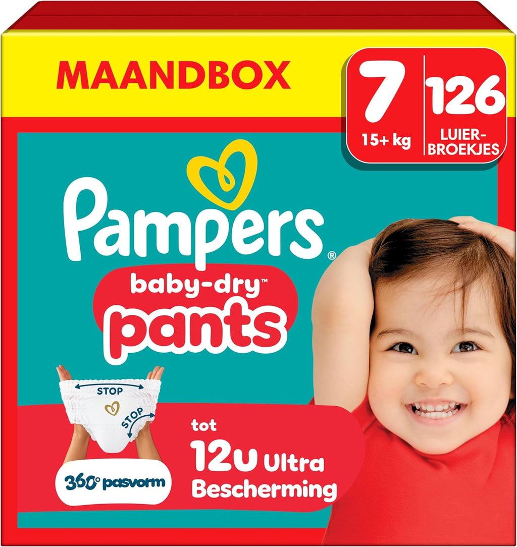 Pampers Baby-Dry Pants Size 7, 126 Diaper Bottoms, 15kg+, 360° Fit To Help Prevent Openings and Leaks