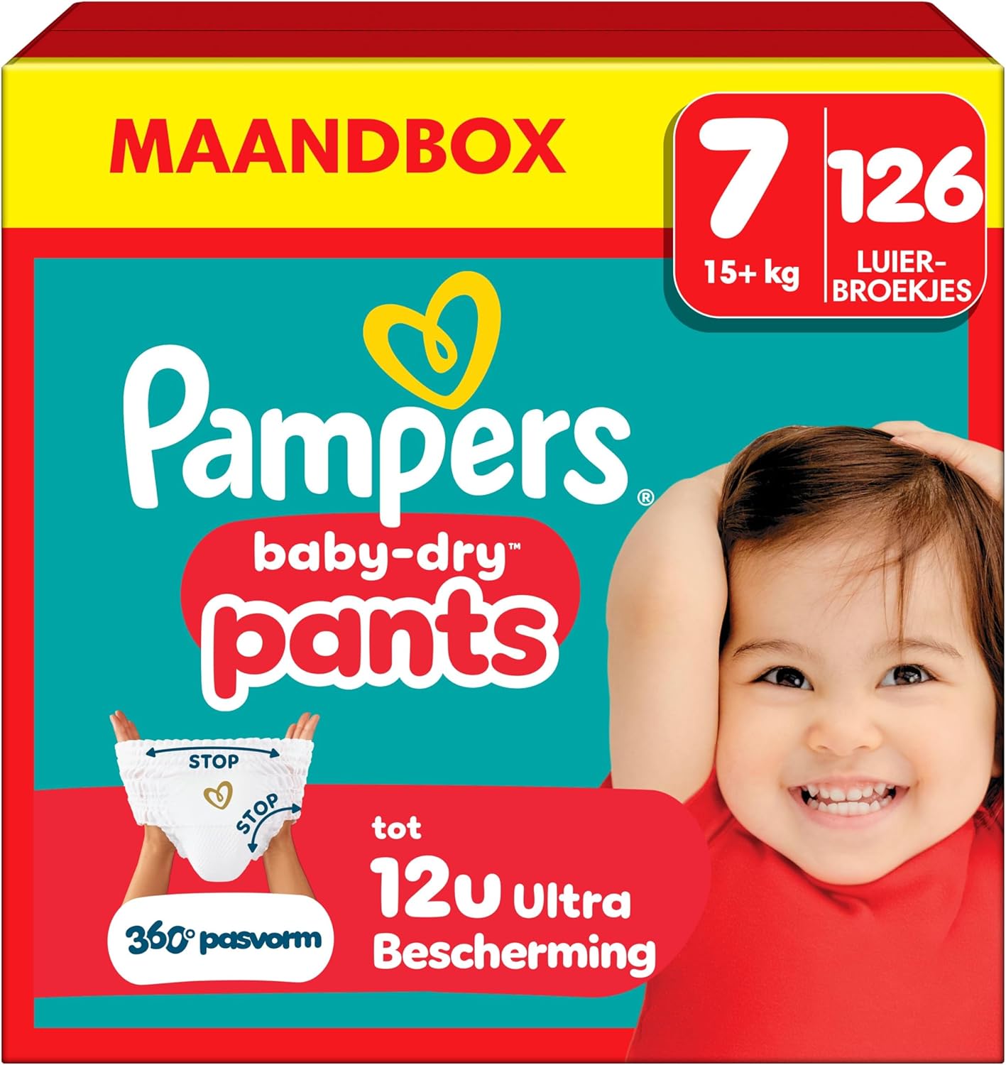 Pampers Baby-Dry Pants Size 7, 126 Diaper Bottoms, 15kg+, 360° Fit To Help Prevent Openings and Leaks