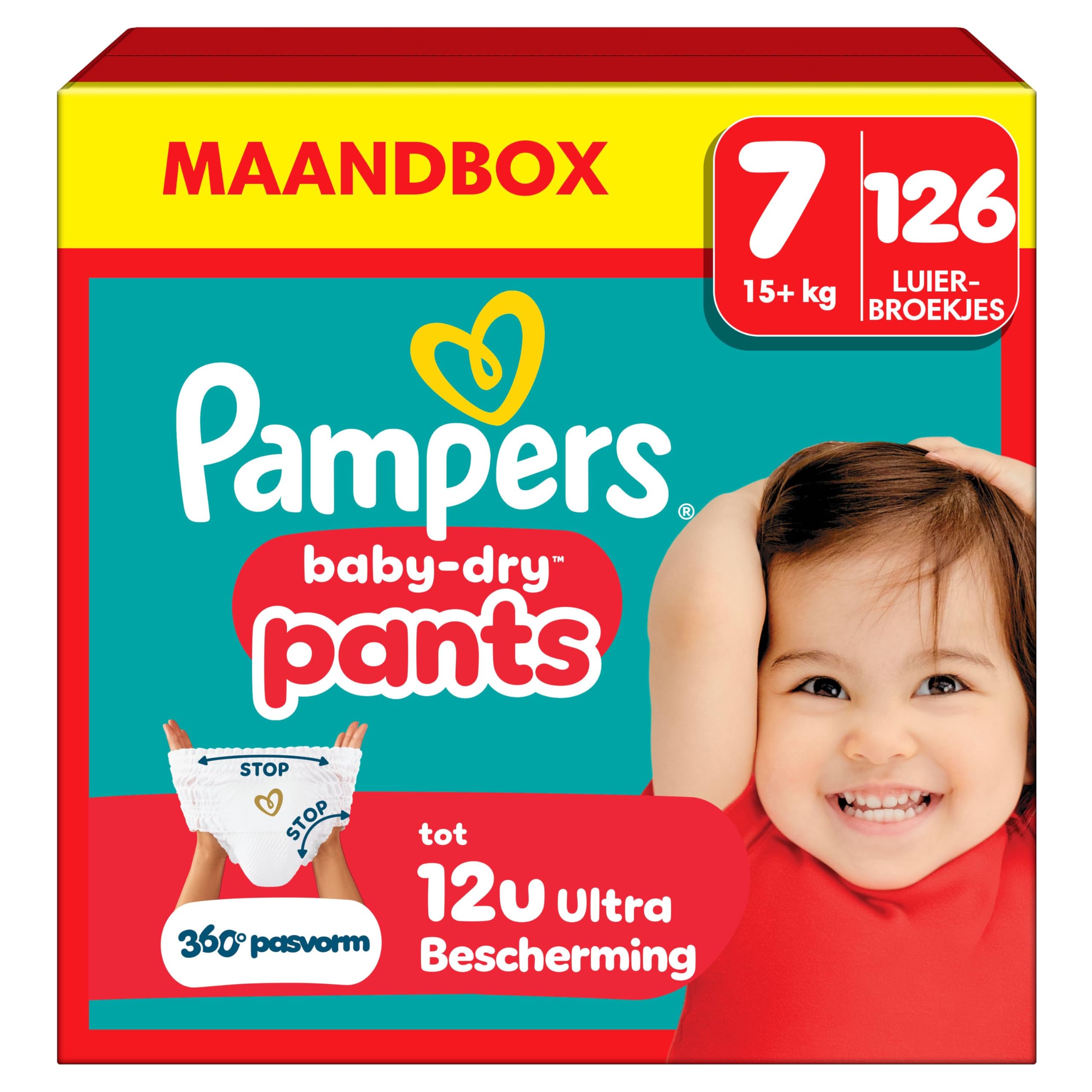 Pampers Baby-Dry Pants Size 7, 126 Diaper Bottoms, 15kg+, 360° Fit To Help Prevent Openings and Leaks